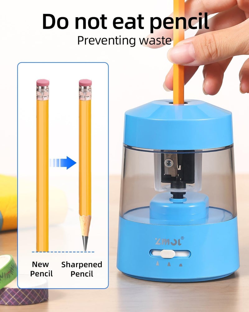 Zmol Electric Pencil Sharpener Battery Operated Power Kids for Colored & Jumbo Pencils No.2/(6-12mm) - Safe & Easy Use Plug in Portable with (AC Adapter,USB, Battery) for Classroom/Office/Home Blue - Image 5